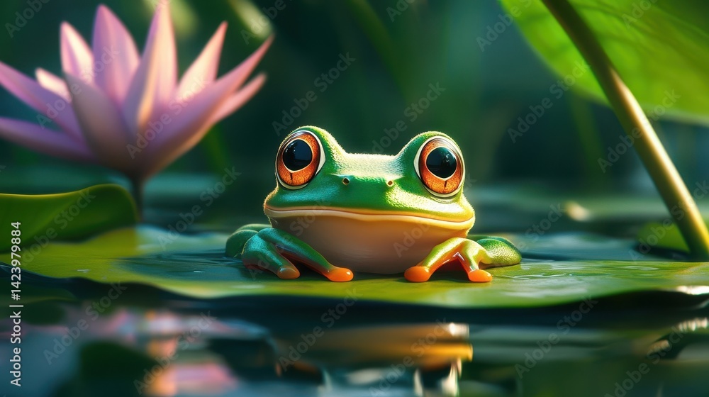 A vibrant frog sits on a lily pad surrounded by water A vibrant frog sits on a lily pad surrounded by water