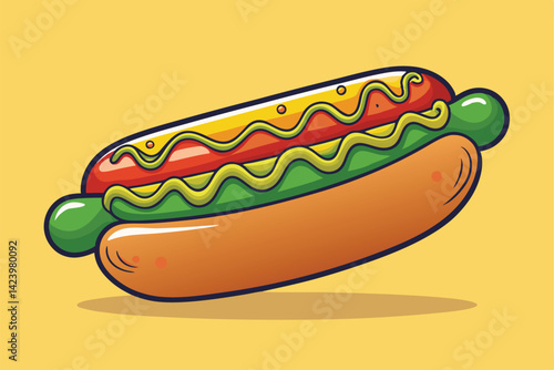 Cartoon Hotdog with Ketchup, Pickles, and Mustard on Yellow Background