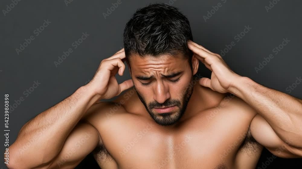Man with stressed expression holding his head in pain against a dark background, showcasing emotion and human struggle Man with stressed expression holding his head in pain against a dark background, showcasing emotion and human struggle