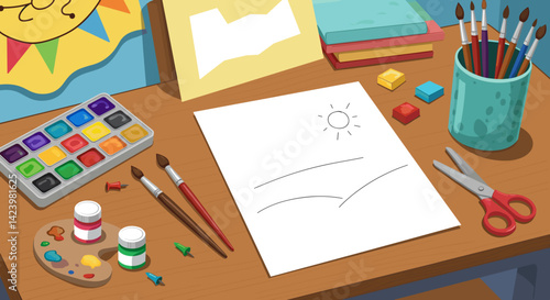 Art supplies arranged on a creative workspace with blank paper  