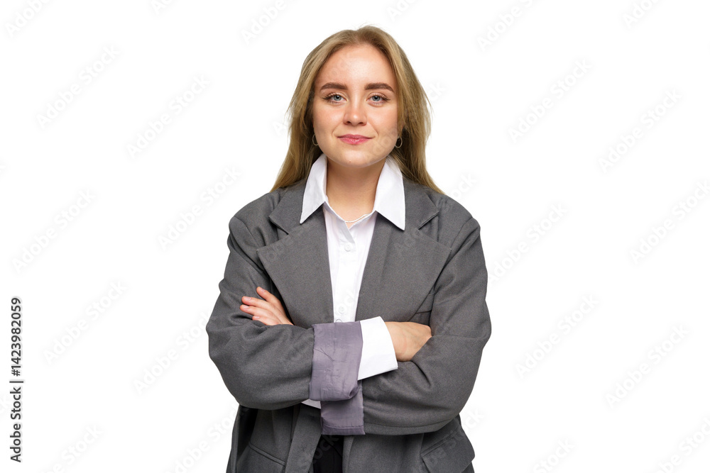 Confident Young Professional Poses With Arms Crossed, Showcasing Determination and Strength in a Modern Office Setting Confident Young Professional Poses With Arms Crossed, Showcasing Determination and Strength in a Modern Office Setting