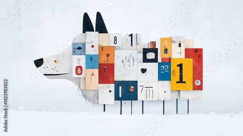 Colorful, whimsical wolf silhouette composed of various license plates, set in snowy landscape