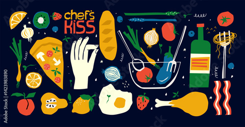 Hand drawn food illustration hand drawn set of the breakfast, lunch icons. Vector of wine glass, eggs, tomatoes, vegetables. Illustrations for invitations, menus and parties.