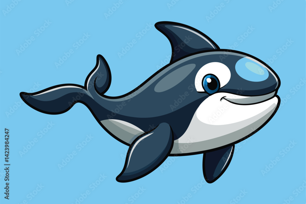 Fototapeta premium Cartoon Killer Whale Swimming on Light Blue Background. Aquatic Mammal. Isolated