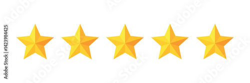 Five stars rating button vector illustration. Set of five yellow stars representing customer feedback and product evaluation. Flat design style on isolated white background