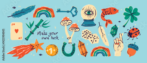 Set of traditional and Asian symbols of good luck. Vector illustrations of elements that bring wealth and prosperity. Collection of flat elements on isolated background.