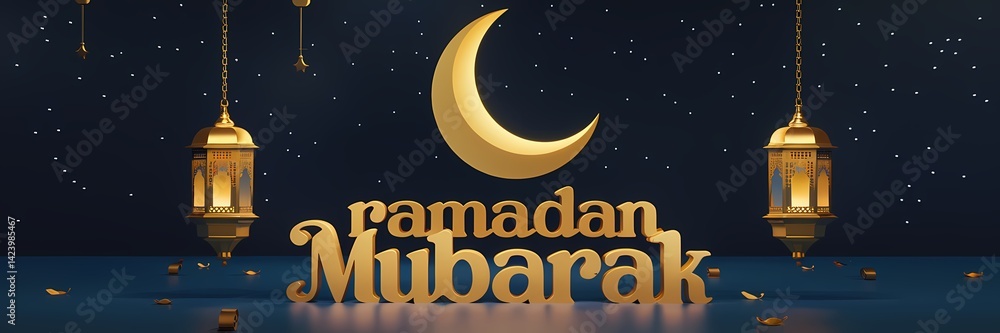 Naklejka premium Ramadan Mubarak greeting with glowing ornate lantern and crescent moon silhouette background softly illuminated for a peaceful spiritual atmosphere capturing essence of Ramadan night celebration theme