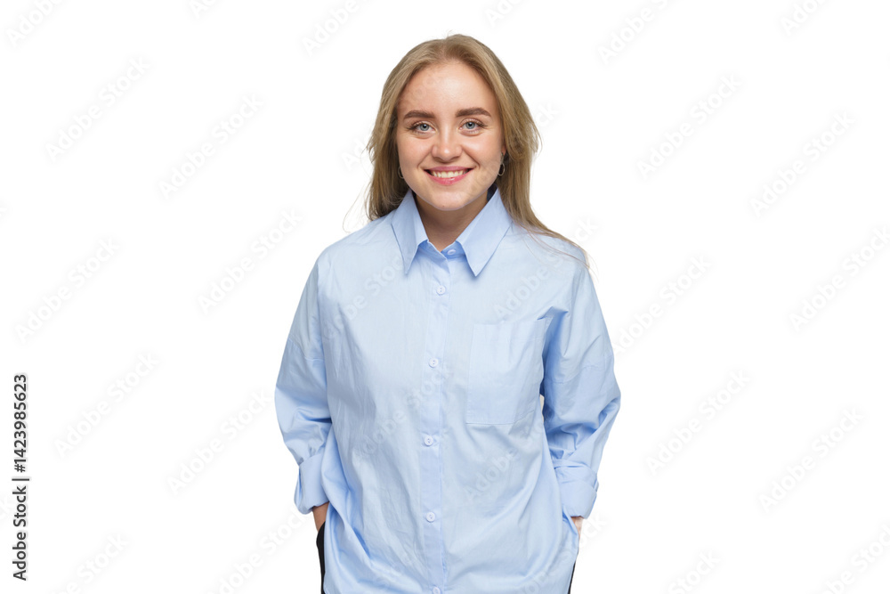 Smiling Woman in a Light Blue Shirt Poses With a Cheerful Expression in a Studio Setting Smiling Woman in a Light Blue Shirt Poses With a Cheerful Expression in a Studio Setting