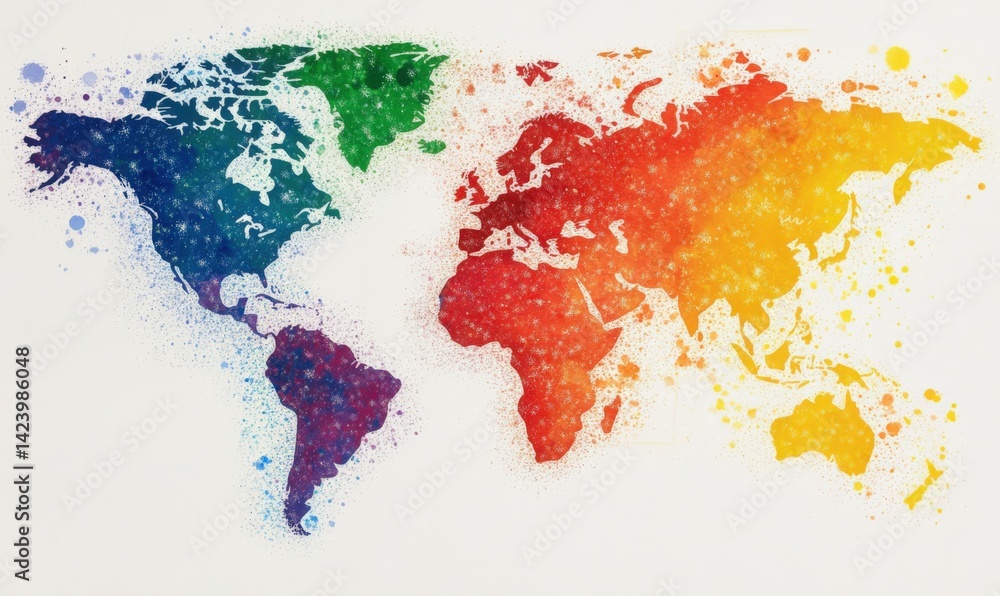 Naklejka premium A colorful watercolor world map against a clean, white background