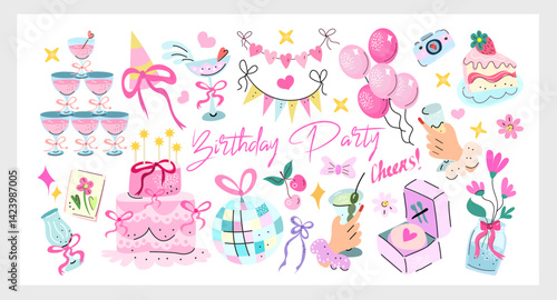 Coquette Birthday Party Set a cute hand drawn vector collection with cake, gifts, balloons, ribbons, and party elements in pastel tones, perfect for festive designs and invitations.