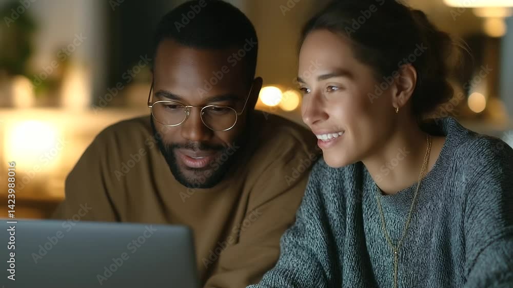 A multicultural couple enjoys online shopping in the comfort of their inviting home. A multicultural couple enjoys online shopping in the comfort of their inviting home.