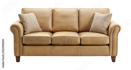 Comfortable tan leather sofa with plush cushions and two decorative pillows