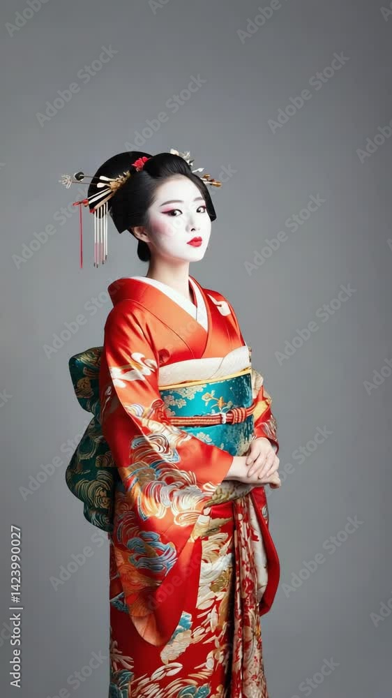 Portrait of an elegant young Asian woman with bright makeup wearing a traditional orange kimono with ornate hair ornaments and elegant pose. Portrait of an elegant young Asian woman with bright makeup wearing a traditional orange kimono with ornate hair ornaments and elegant pose.