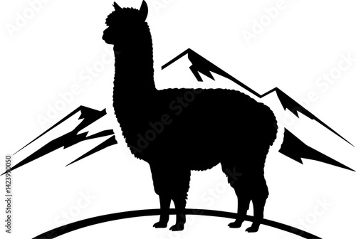 Alpaca Silhouette on Mountain Background, Clean Vector Design