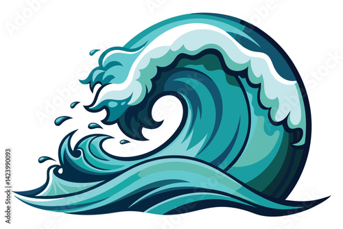 Cartoon Ocean Wave on White Backdrop, Blue Tinted Water, White Foam Crest