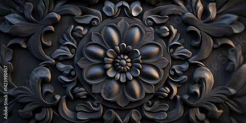 Dark Ornamental Floral Pattern with Bronze Embossed Texture

