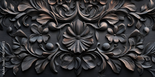 Dark Ornamental Floral Pattern with Bronze Embossed Texture


