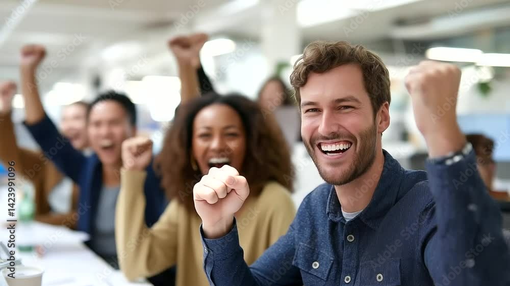 Business leaders rejoicing in a vibrant and energetic workspace. Business leaders rejoicing in a vibrant and energetic workspace.