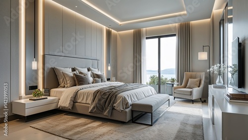 Neutral colors clean surfaces and sleek lines define this calm bedroom