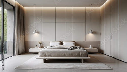 Neutral hues and simple forms create a tranquil minimalist bedroom