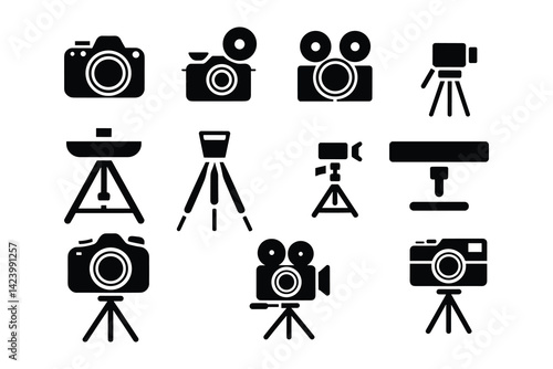 Camera and Tripod Silhouette Vector Icon Set  Photography Equipment Clipart for Designers