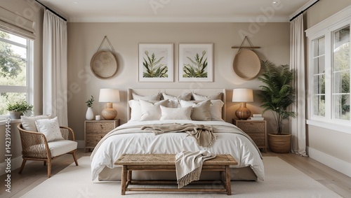 Neutral tones and natural elements create a soothing bedroom space