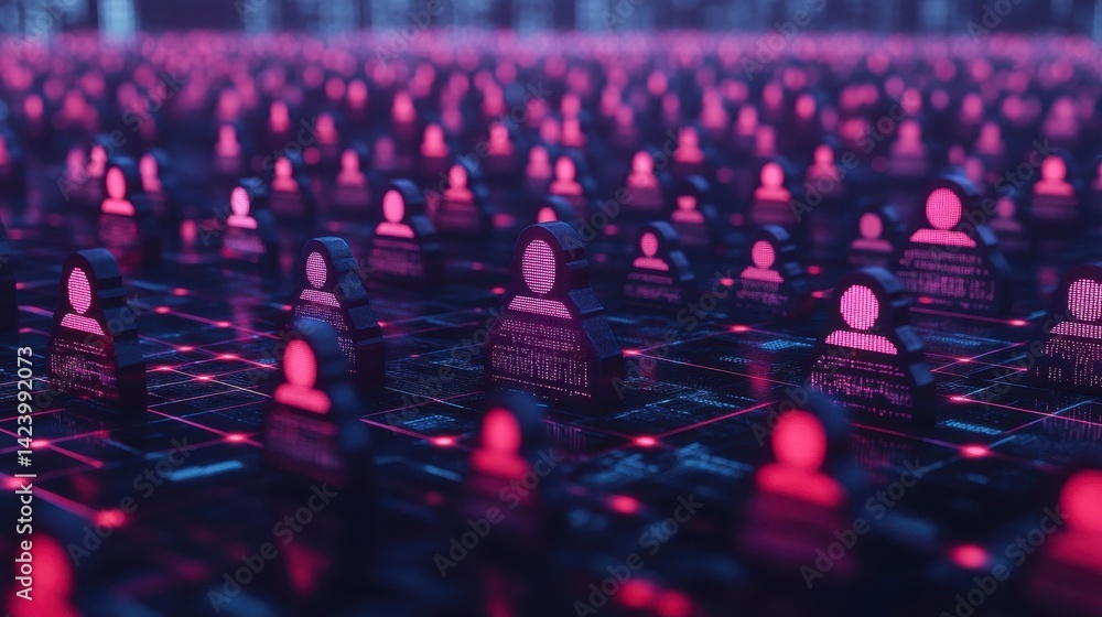 Fototapeta premium Abstract digital background with glowing pink and purple figures in a grid pattern.