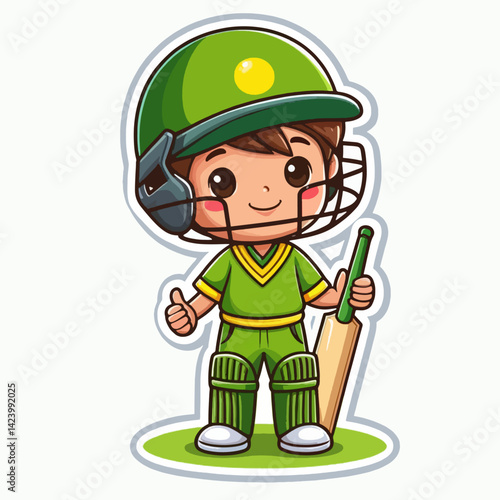 A cartoon boy in a green cricket uniform, holding a bat and wearing protective gear, ready to play.