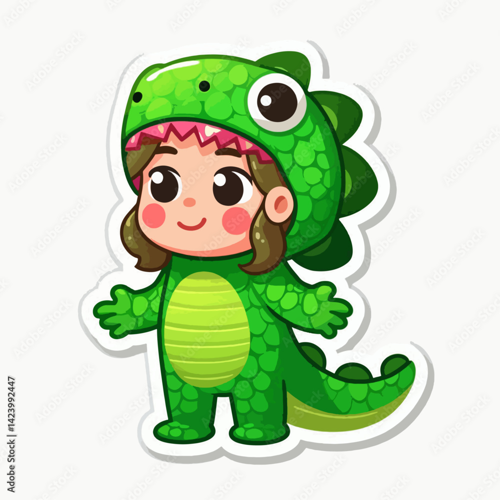 Obraz premium A cartoon depiction of a girl in a vibrant green dinosaur costume, expressing happiness and playfulness.