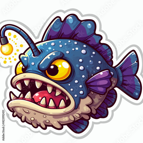 A stylized cartoon depiction of an anglerfish, showcasing exaggerated features and a fierce expression.
