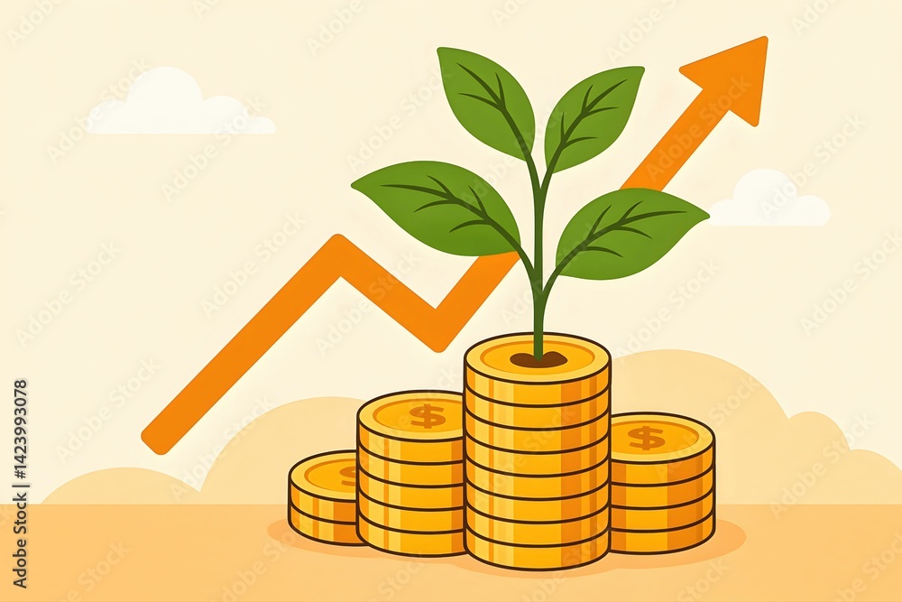 This image depicts a growing plant emerging from stacks of coins, symbolizing financial growth and sustainability