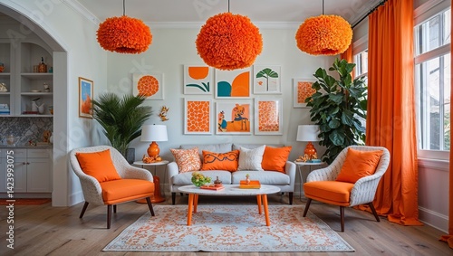 Orange accents punch boldly against soft Boucle and playful decor