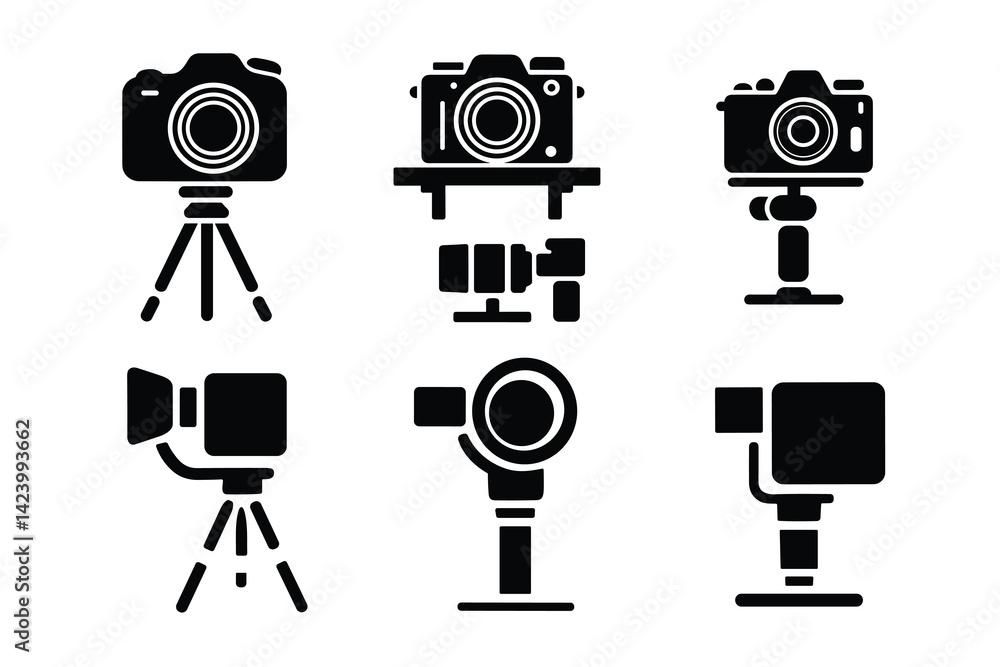 Fototapeta premium Camera and Tripod Silhouette Vector Icon Set Photography Equipment Clipart for Designers