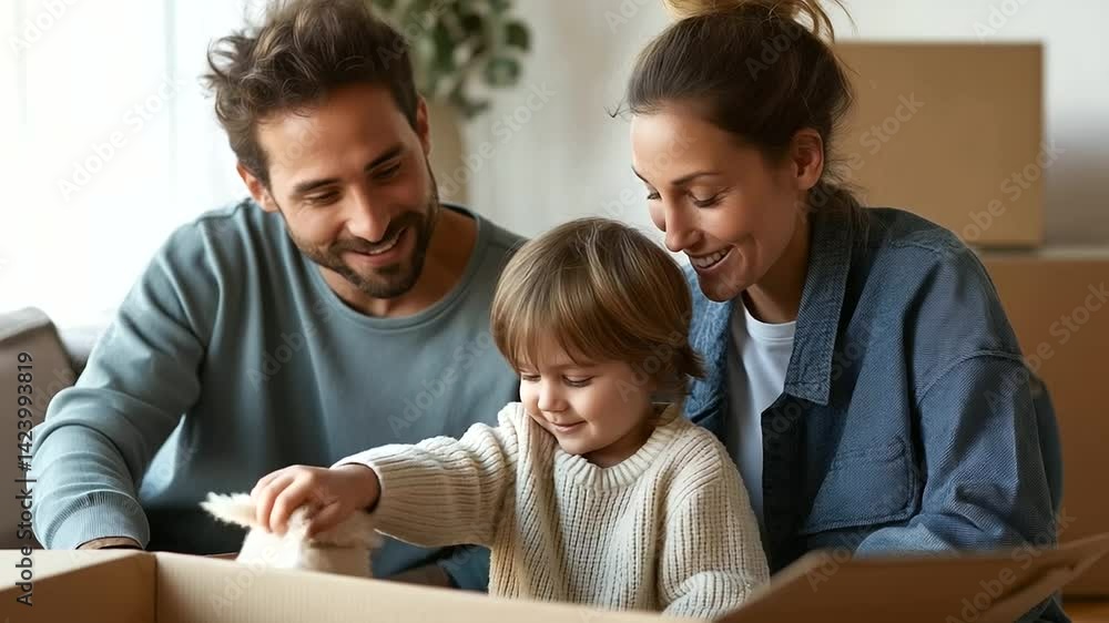 A joyful family unpacks in a sunlit home, filled with laughter and happiness. A joyful family unpacks in a sunlit home, filled with laughter and happiness.