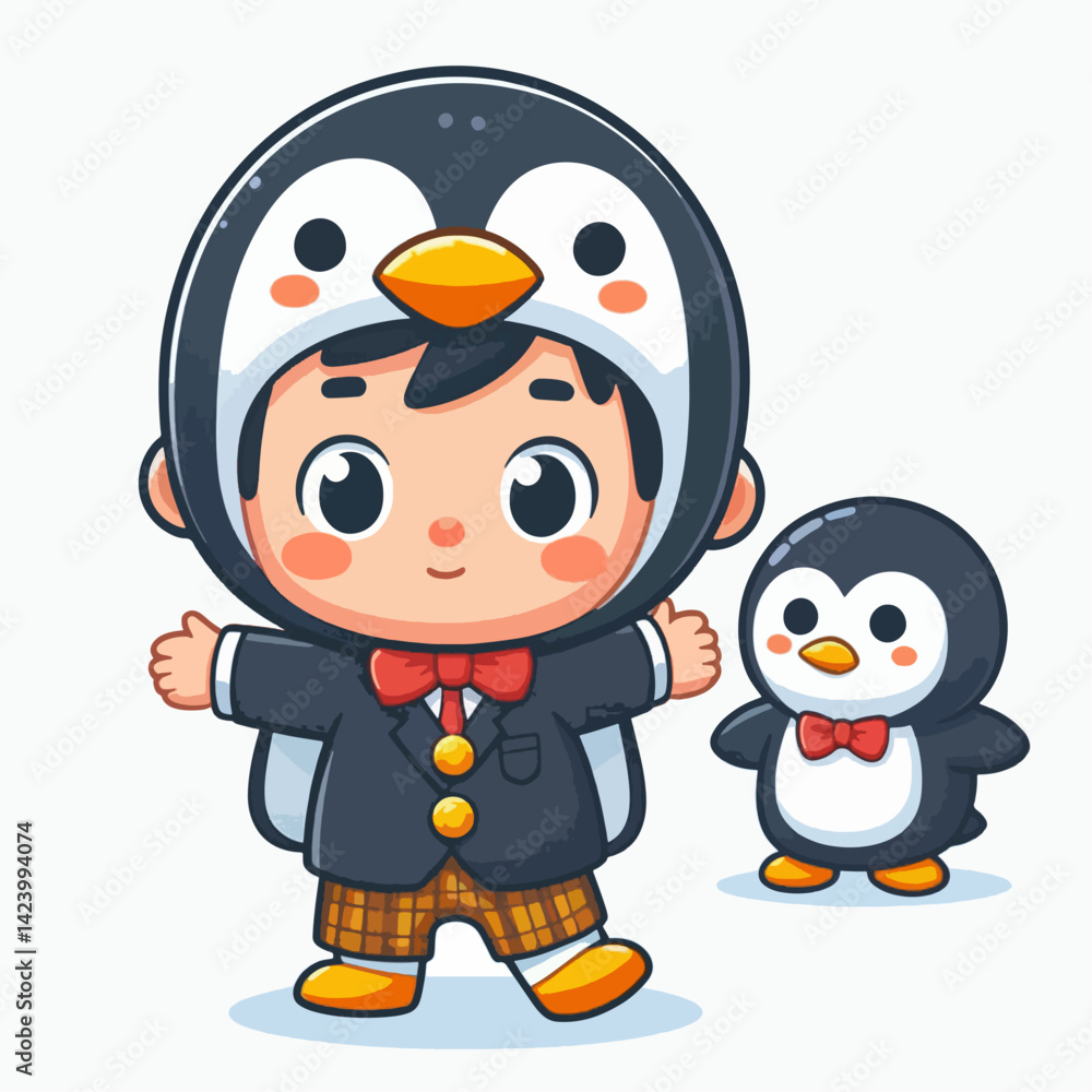 A cartoon child in a penguin costume, alongside a smaller penguin, both wearing bow ties, exhibiting a cheerful demeanor. A cartoon child in a penguin costume, alongside a smaller penguin, both wearing bow ties, exhibiting a cheerful demeanor.