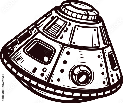 Illustrated spacecraft capsule with detailed panels and windows in monochrome design.