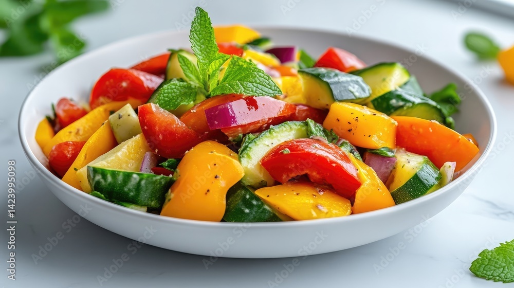 Freshly chopped colorful vegetables in a white bowl on a light background, garnished with green herbs, and vibrant and healthy salad concept. Freshly chopped colorful vegetables in a white bowl on a light background, garnished with green herbs, and vibrant and healthy salad concept.