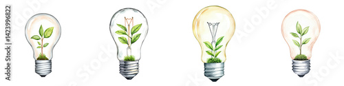 Lightbulbs with Green Plants Symbolizing Growth and Sustainability