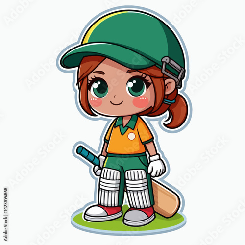 A cheerful cartoon depiction of a young girl, dressed in cricket attire, holding a bat.