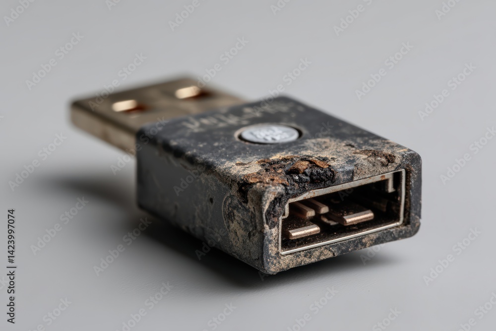 Old damaged USB connector showcasing signs of corrosion and wear on a gray background Old damaged USB connector showcasing signs of corrosion and wear on a gray background