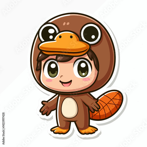 A cartoon boy in a brown platypus costume, smiling and gesturing, for a digital image, featuring vibrant colors and a cute aesthetic.