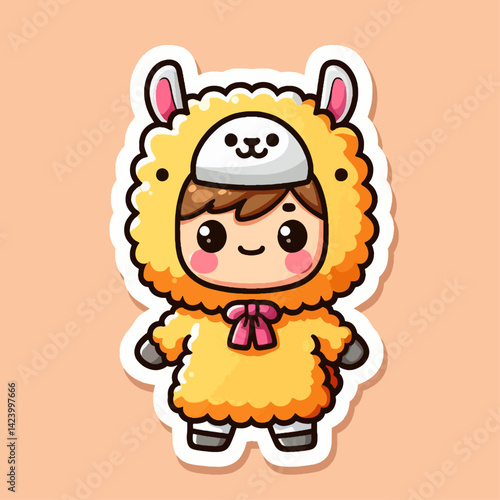 A digitally rendered illustration of a cartoon boy wearing a llama costume, with a cheerful expression.