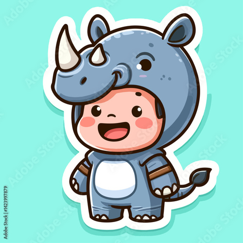 A cartoon child wearing a rhinoceros costume, expressing happiness and joy.