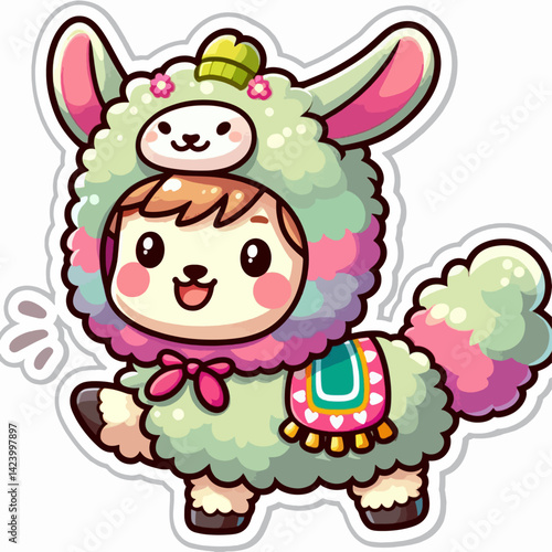 A cheerful cartoon child wearing a colorful llama costume.