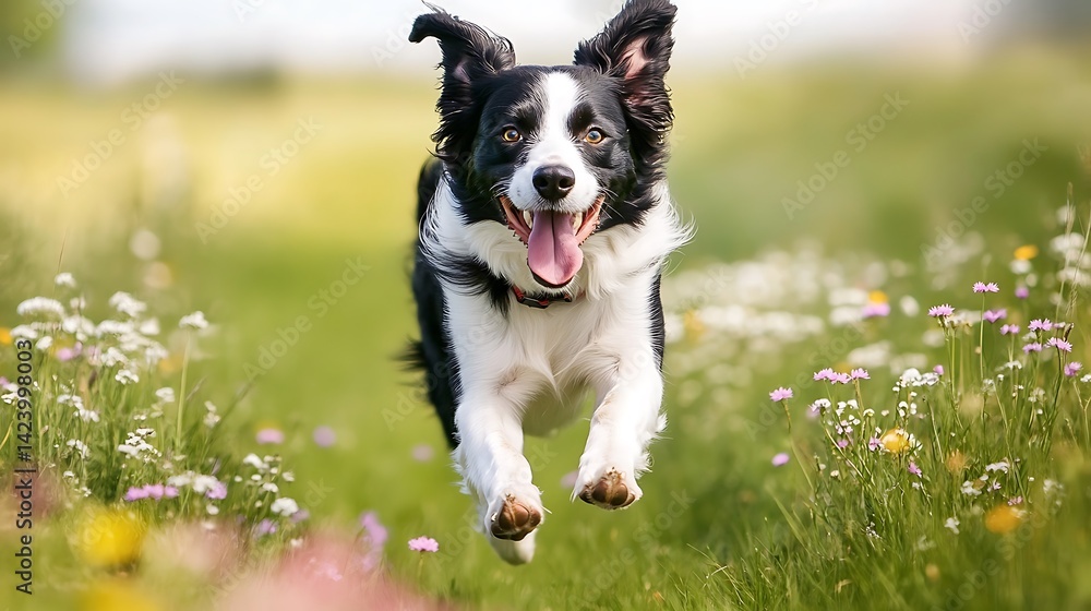 Border Collie running through an open field of wildflowers Border Collie running through an open field of wildflowers