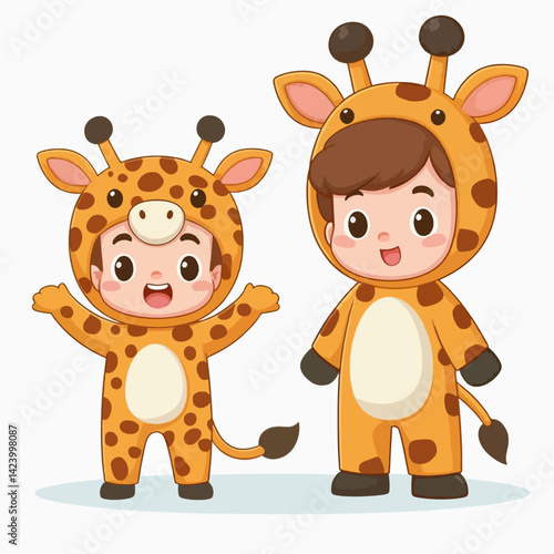 Two cartoon children in giraffe costumes,  portraying joy and playful celebration.