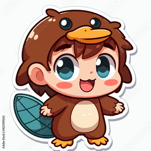 A cheerful chibi-style child dressed in a platypus costume, highlighting cartoonish features.
