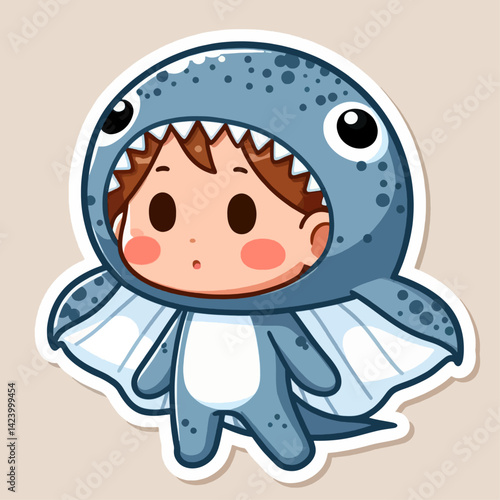 A cartoon child wearing a blue shark costume,  with a surprised expression.