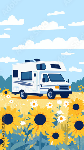 Retro RV Road Trip Through Sunflower Fields Vector Poster for Van Life Travel Adventures