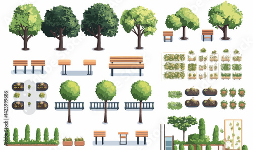 Flat Minimalist City Park Vector Illustration with Trees, Benches, and Landscaping Elements